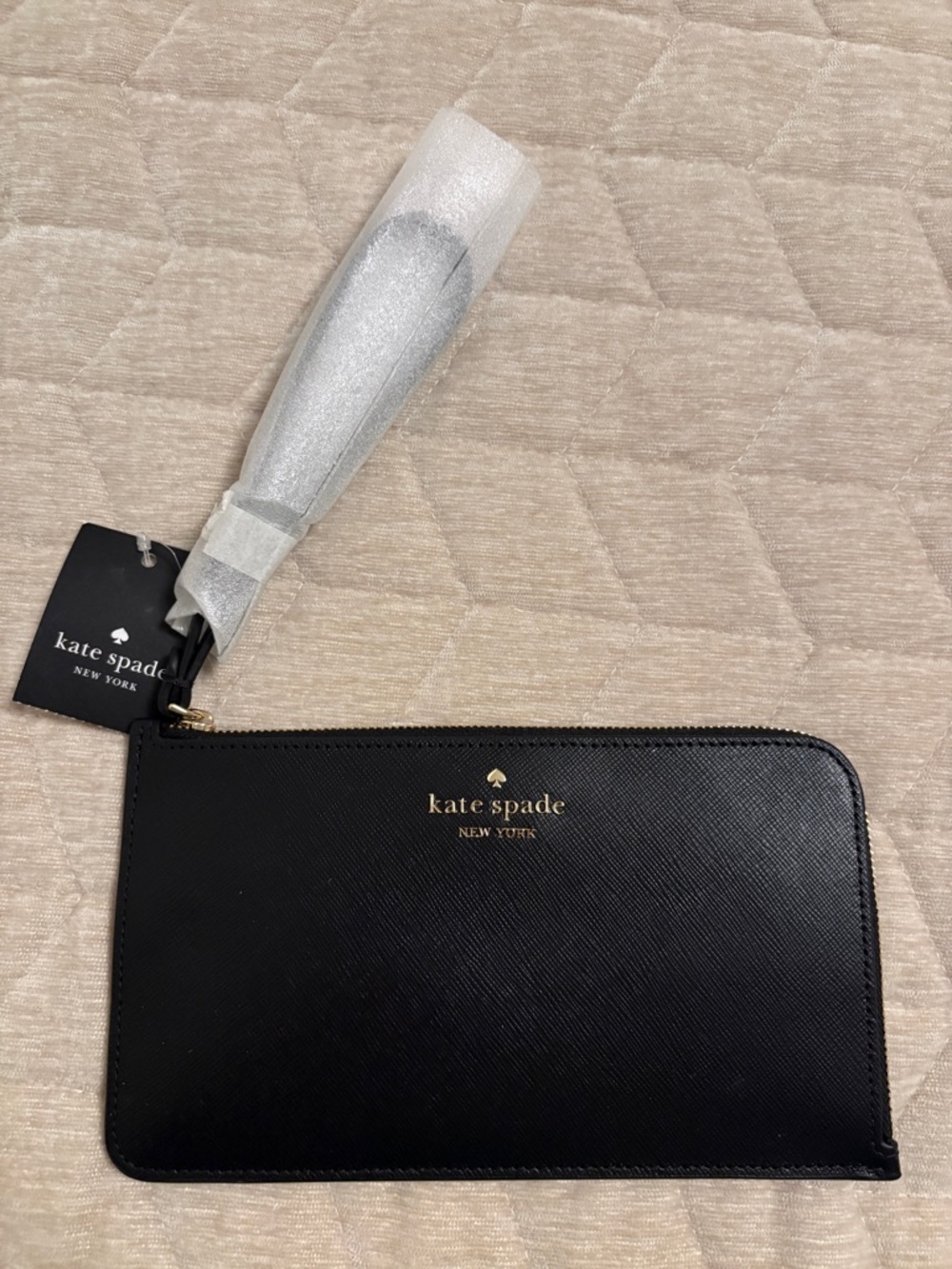 kate spade Black Leather Zip Wristlet with Wrist Strap
